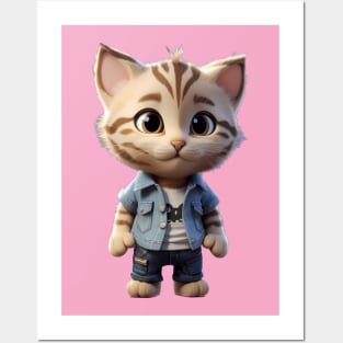 Cute tabby kitten in denim outfit Posters and Art